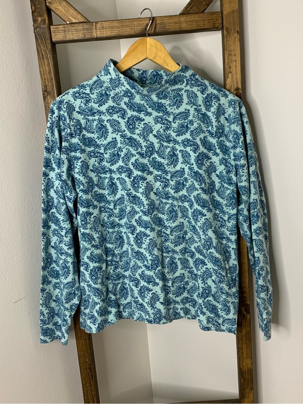 Lands End Women’s Paisley Mock Neck Top in Light Blue Size M